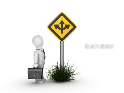 Division Ahead Road Sign with Business Character - 3D Rendering